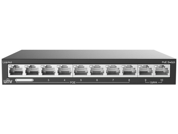 Switch PoE+ UNV NSW2020-10T-POE-IN de 10 puertos RJ-45 100 Mbps, 8 PoE, No Administrable, Color Negro.
