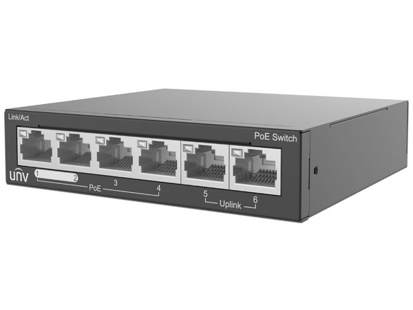 Switch PoE+ UNV NSW2020-6T-POE-IN de 6 puertos RJ-45 10/100 Mbps, 4 PoE, No Administrable, Color Negro.