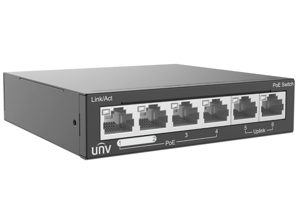 Switch PoE+ UNV NSW2020-6T-POE-IN de 6 puertos RJ-45 10/100 Mbps, 4 PoE, No Administrable, Color Negro.