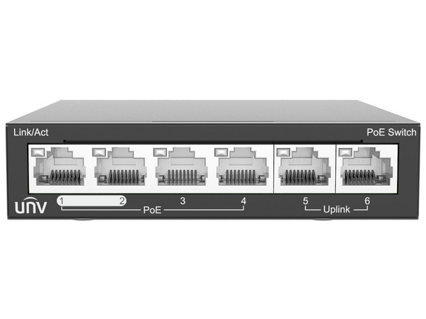 Switch PoE+ UNV NSW2020-6T-POE-IN de 6 puertos RJ-45 10/100 Mbps, 4 PoE, No Administrable, Color Negro.