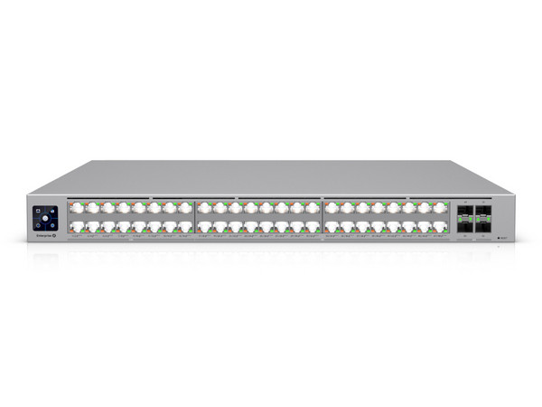 Switch Ubiquiti Networks Enterprise Campus 48 PoE ECS-48-POE, 32 puertos 10 GbE con PoE+++, 16 puertos 2.5 GbE con PoE+++, 4 Puertos Ethernet SFP28 de 25G, Administración Capa 3. Color Plata.
