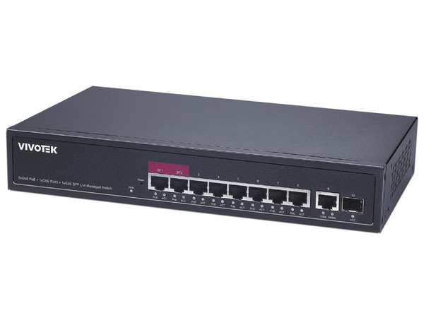 Switch Administrable VivoTek AW-GEL-105A-110, 8 puertos PoE, 1 puerto SFP, 1 Puerto RJ-45, Color Negro.