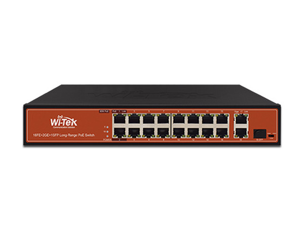 Switch No administrable de largo alcance Wi-Tek WI-PS518G de 19 puertos, 18 (10/100/1000 Mbps), 1 puerto SFP, PoE.