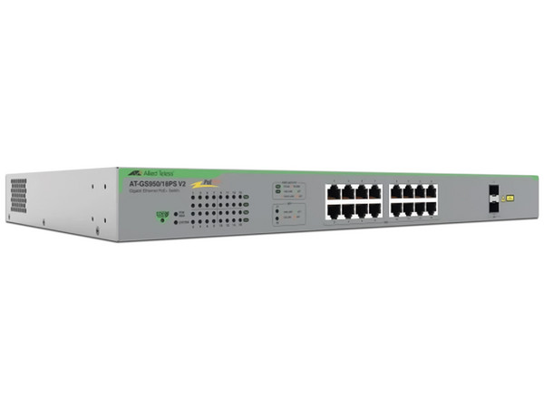 Switch Allied Telesis AT-GS950/18PS-V2-10 PoE+ Gigabit WebSmart de 16 puertos 10/100/1000 Mbps (2 x Combo) y 2 puertos gigabit SFP (Combo), 185W