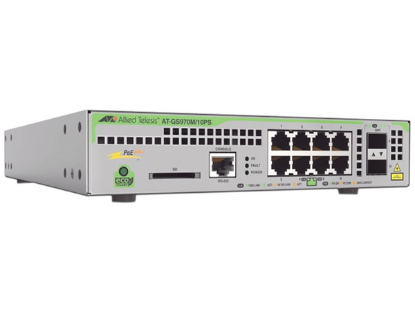 Switch Administrable Allied Telesis CentreCOM GS970M PoE+ de 8 Puertos 10/100/1000 Mbps y 2 SFP Gigabit, 124W, Capa 3.