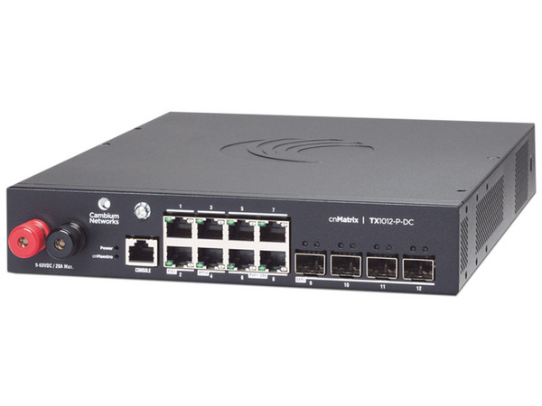 Switch Cambium Networks cnMatrix WISP TX1012-DC-P de 8 puertos PoE y 4 SFP+, 170 W PoE Budget, Capa 2, Gestión gratuita desde la nube.