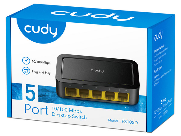 Switch Cudy FS105D de 5 Puertos de 10/100Mbps, No Administrable. Color Negro.