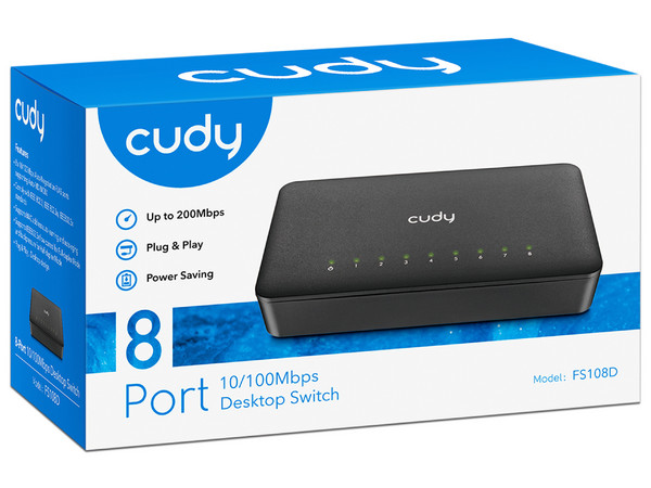 Switch Cudy FS108D de 8 Puertos de 10/100 Mbit/s, No Administrable. Color Negro.