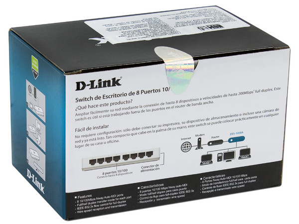 Switch D-Link DES-1008A de 8 Puertos 10/100 Mbps.