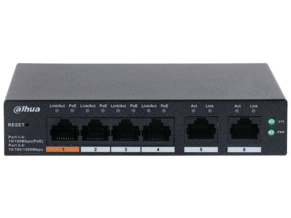 Switch Dahua DH-CS4006-4ET2ET-60, 6 Puertos PoE 10/100 Mbps, 2 Puertos Uplink, Color Negro.