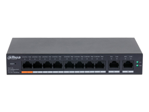 Switch Poe de 8 Puertos Gigabit DAHUA DH-CS4010-8ET-60, Poe Inteligente, 60Watts, 2 Puertos UPlink, Switching 4.8Gbps, Protección de Descargas.