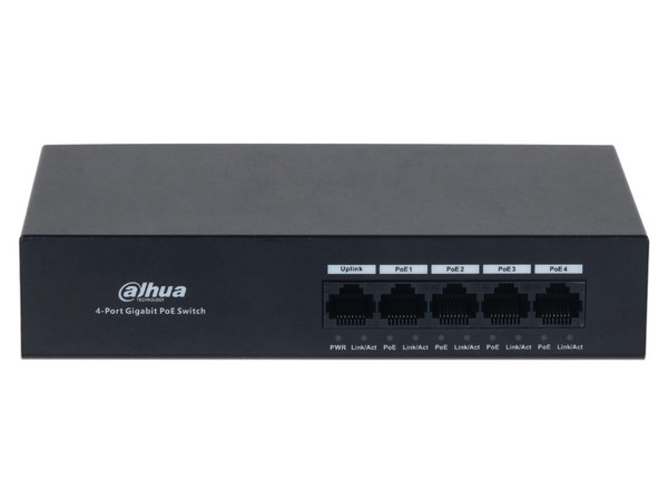 Switch Dahua PFS3005-4GT-36 de 5 puertos Gigabit Ethernet, 4 puertos PoE, 30W.
