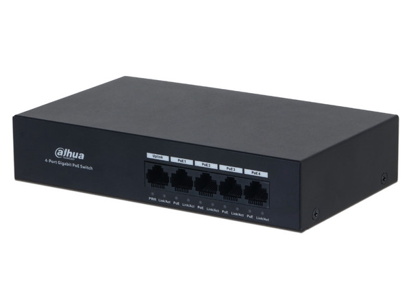 Switch Dahua PFS3005-4GT-36 de 5 puertos Gigabit Ethernet, 4 puertos PoE, 30W.