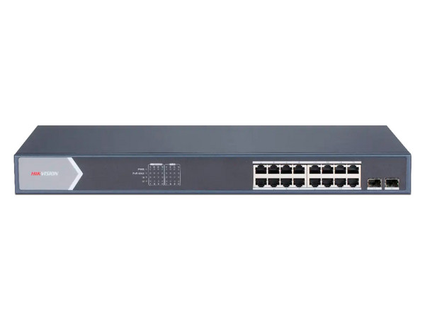Switch Hikvision DS-3E0518P-E/M PoE+ de 10/100/1000 Mbps y 2 puertos SFP de Uplink, No Administrable, 125W.