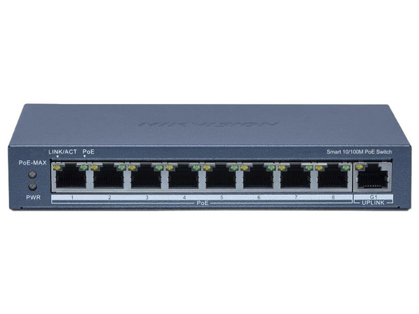 Switch PoE+ 8 Puertos 10/100 Mbps, 1 Puerto Uplink 1000 Mbps, Modo Extendido hasta 300m, 110W, Hik-PartnerPro.