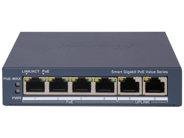 Switch HikVision HIK-DS3E1506PEI/M de 4 Puertos PoE, 2 Puertos Gigabit RJ45, 1000 Mbps, Hasta 300m.