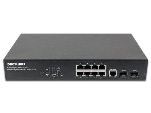 Switch intellinet de 8 puertos Gigabit Ethernet PoE+ con 2 Puertos SFP.