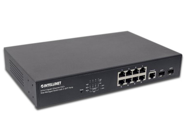 Switch intellinet de 8 puertos Gigabit Ethernet PoE+ con 2 Puertos SFP.