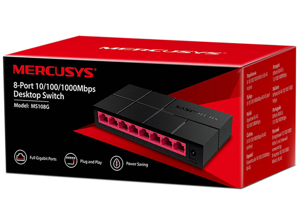 Switch Mercusys MS108G con 8 puertos Ethernet 10/100/1000Mbps (no administrado).
