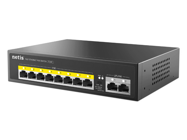 Switch Netis P110C de 8 puertos PoE 10/100Mbps y 2 puertos Uplink 10/100Mbps, 120W. Color Negro.