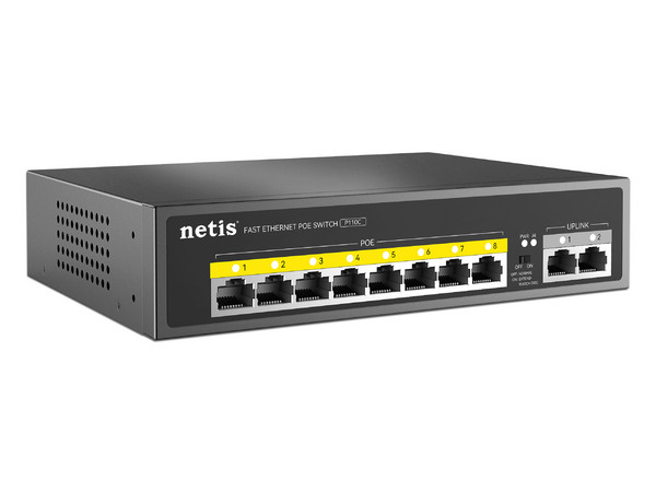 Switch Netis P110C de 8 puertos PoE 10/100Mbps y 2 puertos Uplink 10/100Mbps, 120W. Color Negro.