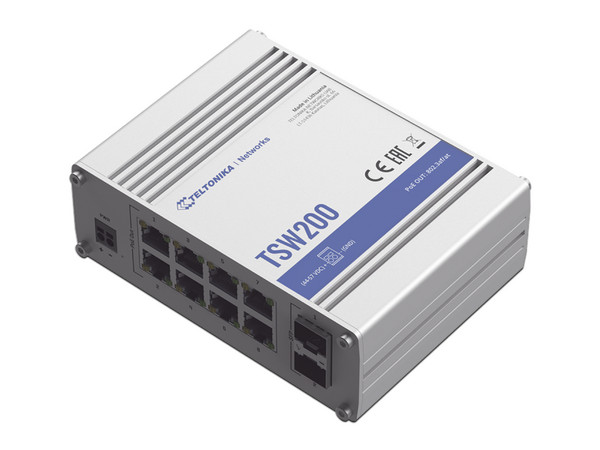 Switch Industrial Teltonika TSW200 No administrable de 8 puertos Gigabit PoE 802.3af/at y 2 puertos SFP.