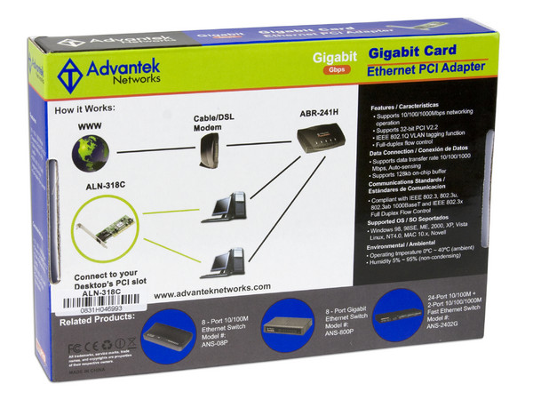 Tarjeta de Red Advantek Gigabit, 10/100/1000 Ethernet PCI.