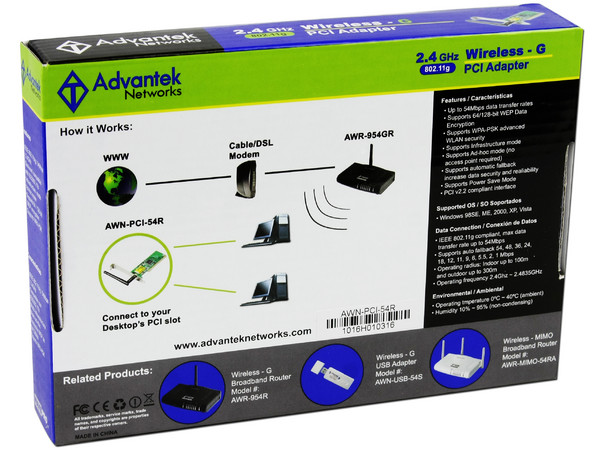 Tarjeta de Red Advantek, Inalámbrica IEEE 802.11b/g, 54Mbps, PCI