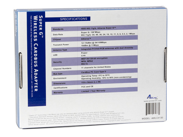 Tarjeta AirLink 101 Super G Cardbus Inalámbrica hasta 108Mbp IEEE 802.11g/b