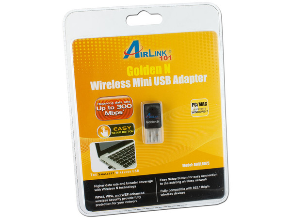 Mini Adaptador USB AirLINK101 Golden N, hasta 300Mbps.