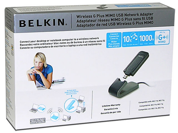 Adaptador USB Belkin para red inalámbrica G+ MIMO
