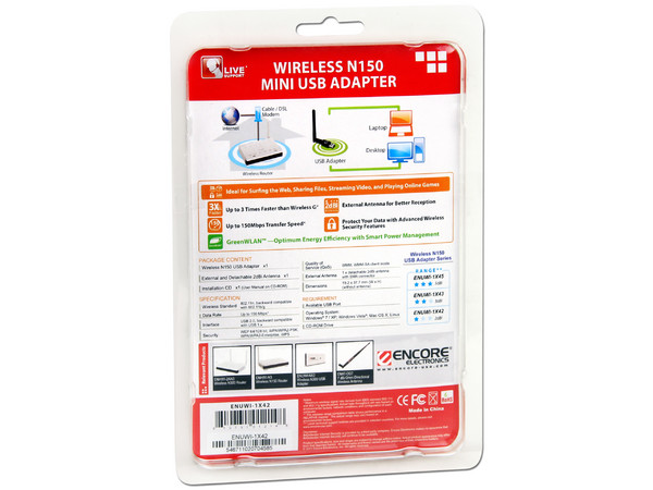 Adaptador Inalámbrico Mini USB Encore N150, con Antena Amplificadora