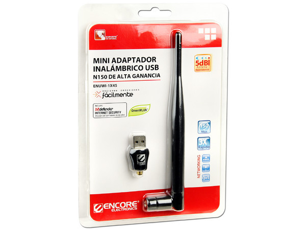 Adaptador Inalámbrico Mini USB Encore N150, 5dbi  con Antena Amplificadora