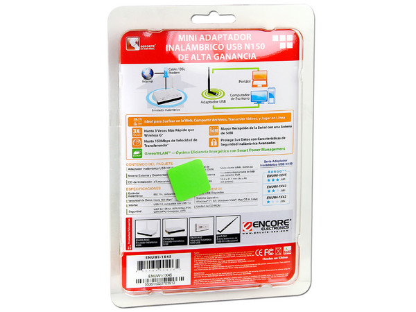 Adaptador Inalámbrico Mini USB Encore N150, 5dbi  con Antena Amplificadora