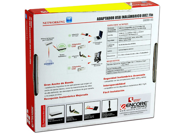 Adaptador Encore USB 802.11N Wireless N,  hasta 150Mbps.