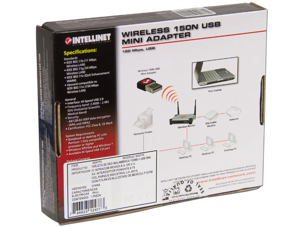 Mini Adaptador Inalámbrico Intellinet  N150, USB.