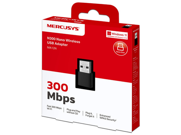 Nano Adaptador Inalámbrico USB MERCUSYS N300 MA12N, Wireless AC (Wi-Fi 4), hasta 300Mbps.