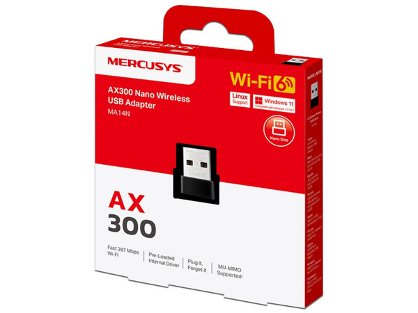 Adaptador USB Wi-Fi Mercusys MA14N Nano, Doble Banda, Wi-Fi 6, 287 Mbps. Color Negro.