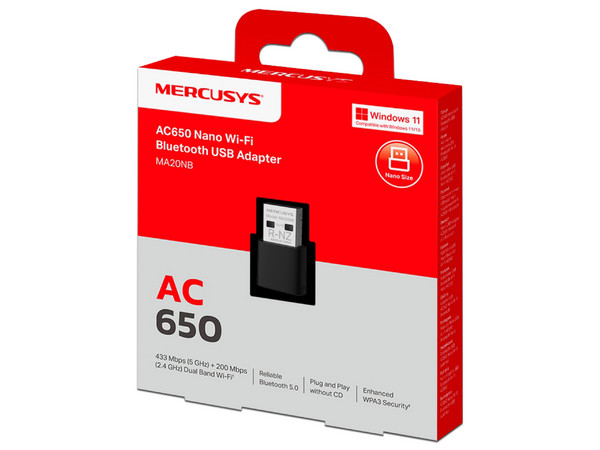 Adaptador USB Wi-Fi Mercusys MA20NB, AC650 Nano, Doble Banda, Wi-Fi 5, 433 Mbps, Bluetooth 5.3. Color Negro.