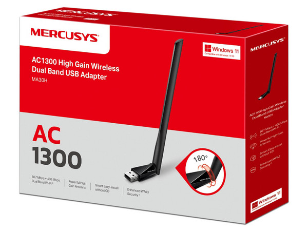 Adaptador Inalámbrico USB MERCUSYS MA30H de doble banda, Wireless AC (Wi-Fi 5), hasta 400Mbps, USB.