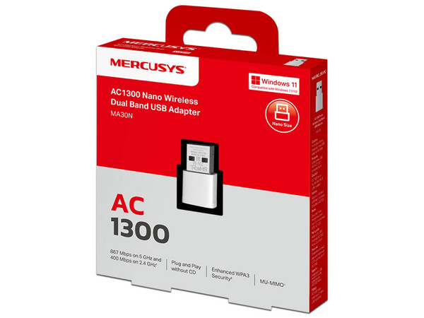 Nano Adaptador Inalámbrico Mercusys MA30N, De Doble Banda (2.4 y 5GHz), Wireless AC (Wi-Fi 5), hasta 867 Mbps, USB, Color Blanco.