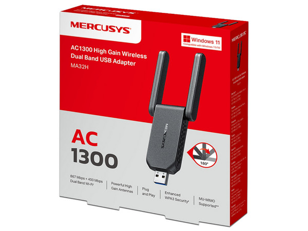 Adaptador Inalámbrico USB Mercusys MA32H, Doble Banda, Wireless AC (Wi-Fi 5), Hasta 867Mbps, 2 Antenas, USB. Color Negro.