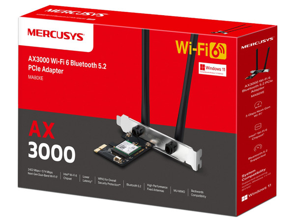 Tarjeta de Red Inalámbrica Mercusys MA80XE, Doble banda, AX3000 (Wi-Fi 6), 2.4GHz y 5GHz, Hasta 3000Mbps, PCI Express.