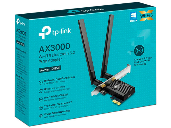 Tarjeta de Red Inalámbrica con 2 Antenas TP-Link Archer TX55E, Wireless AX3000 (Wi-Fi 6), Bluetooth 5.2, hasta 3000Mbps, PCI Express.