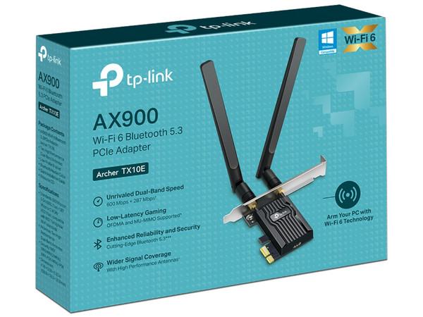 Adaptador Inalámbrico TP-LinkArcher TX10E, Doble Banda, Wireless AX900 (Wi-Fi 6), Hasta 887Mbps, PCI Express. Color Negro.