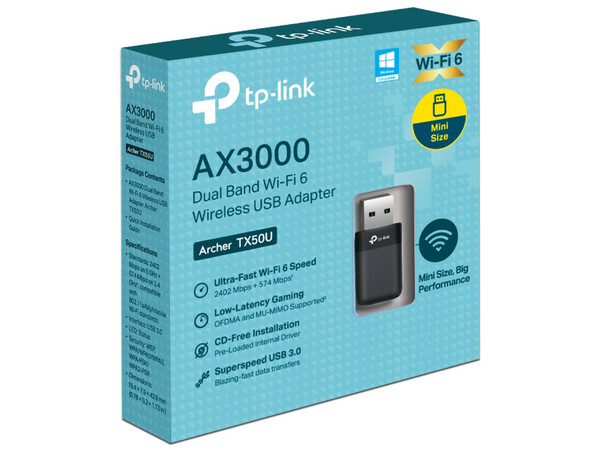 Adaptador USB TP-Link Archer TX50U, Doble Banda, Wireless AX3000 (Wi-Fi 6), Hasta 3000Mbps, USB. Color Negro.