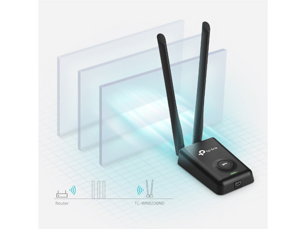 Adaptador Inalámbrico de alta potencia TP-Link TL-WN8200ND, Wireless N (Wi-Fi 4), hasta 300 Mbps, doble antena de alta ganancia, USB.