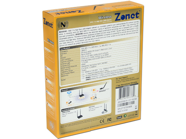 Adaptador Inalámbrico Zonet USB 802.11n con Antena Amplificadora.