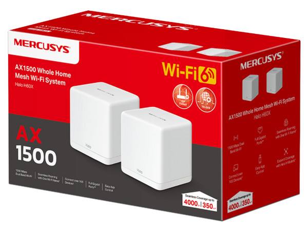 Sistema de Wi-Fi en Malla Mercusys Ax1500, Wireless AX (Wi-Fi 6), RJ-45. Color Blanco. 2 Piezas.