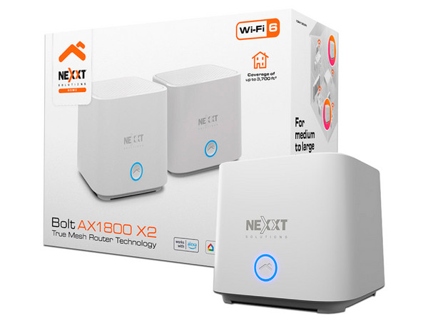 Sistema de Wi-Fi en Malla Nexxt Home Bolt AX1800, Wireless AX (Wi-Fi 6), hasta 1800 Mbps, 2 piezas.
